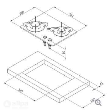 allpa Gaskomfoor met thermische glasplaat 380x280x80mm, branders: 1x klein - 1x medium