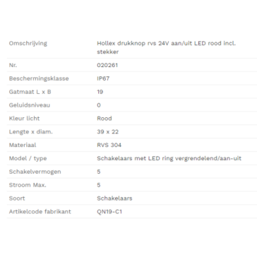 Hollex Drukknop rvs 24V aan-uit LED rood