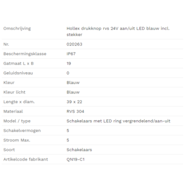 Hollex Drukknop rvs 24V aan-uit LED blauw
