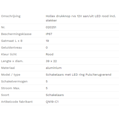 Hollex Drukknop rvs 12V aan-uit LED rood