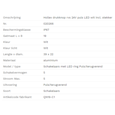 Hollex Drukknop rvs 24V puls LED wit