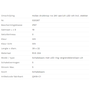 Hollex Drukknop rvs 24V aan-uit LED wit